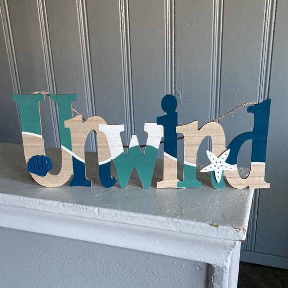 NWT Coastal Wooden UNWIND Decoration Sign w/ Shell 🐚 & Starfish - Picture 14 of 17